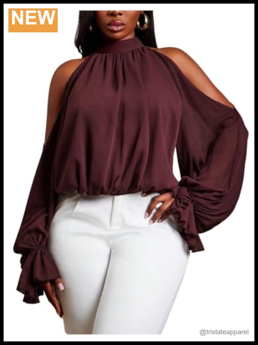 Plus Size Halter Neck Cold Shoulder Blouse Flounce Sleeve Polyester Top